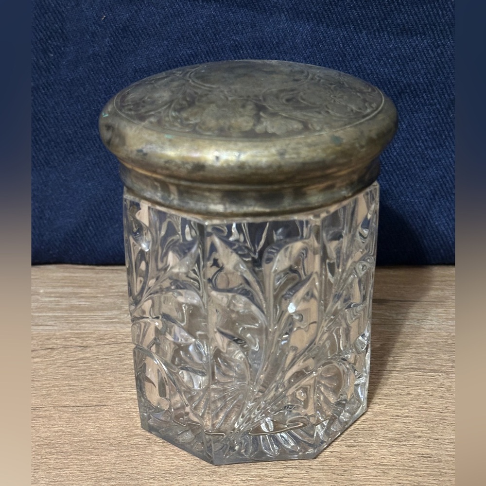Antique Pressed Glass Vanity Jar with Engraved Metal Lid - Clear & Patina